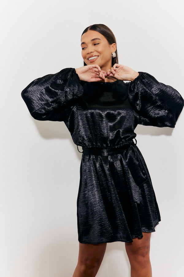 in the style In the Style Satin Balloon Sleeve Belted Mini Dress Black