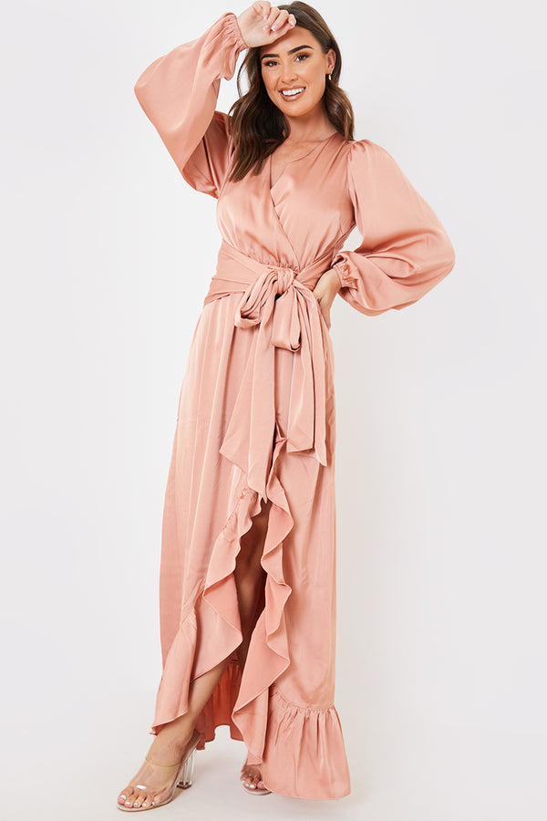 in the style In the Style Satin Balloon Sleeve Maxi Dress Pink
