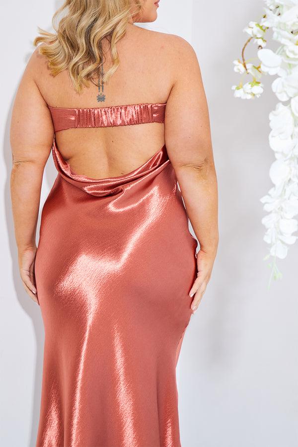 In The Style In The Style Satin Bandeau Cowl Back Cut Out Maxi Dress Rust
