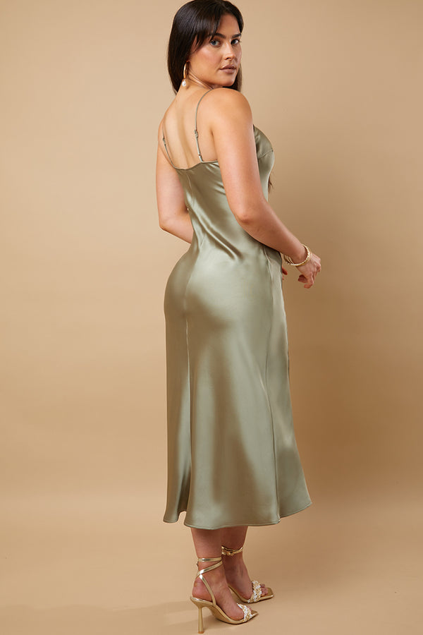 In The Style In The Style Satin Bias Cut Cami Maxi Dress Khaki