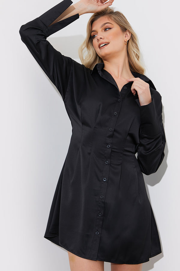 In The Style In The Style Satin Cinched Waist Shirt Dress Black