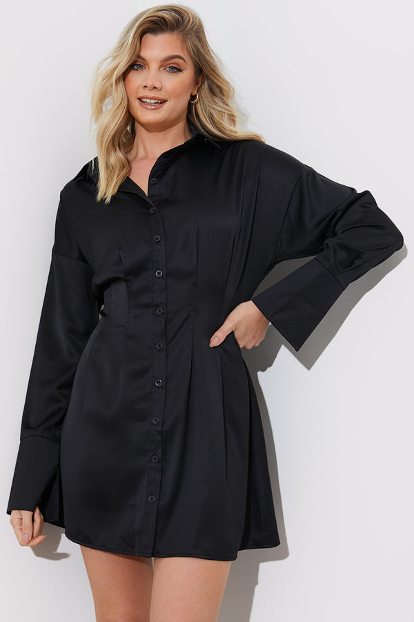 in the style In The Style Satin Cinched Waist Shirt Dress Black