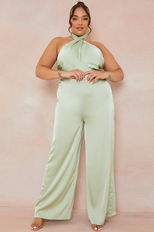 In The Style In The Style Satin Cross Front Jumpsuit Sage