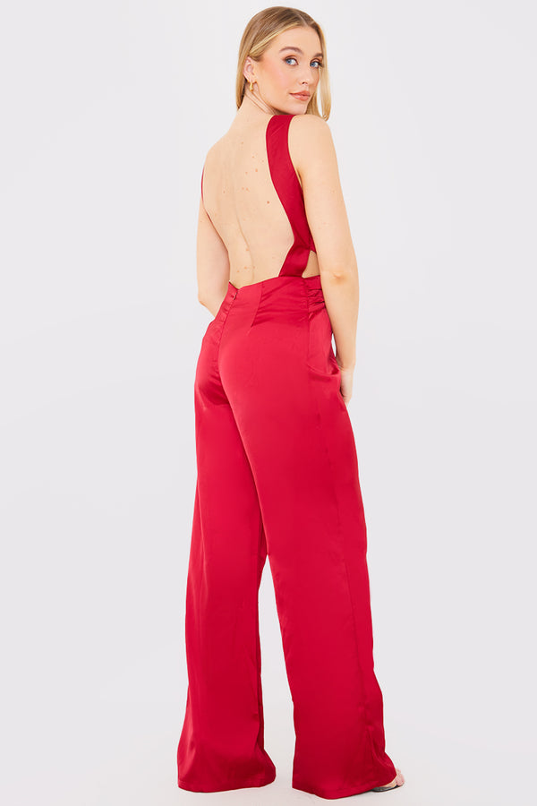 In The Style In The Style Satin Cut Out Detail Wide Leg Jumpsuit Burgundy
