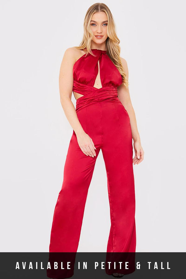 in the style In The Style Satin Cut Out Detail Wide Leg Jumpsuit Burgundy