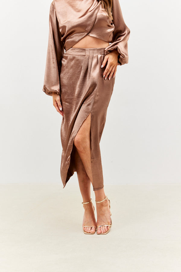 In The Style In The Style Satin Drape Co-Ord Midi Skirt Chocolate