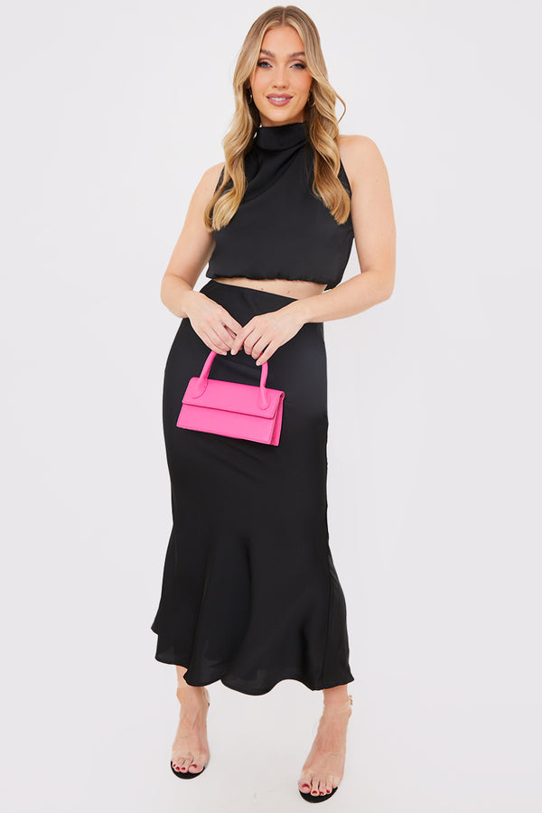 In The Style In The Style Satin Draped High Neck Co Ord Top Black
