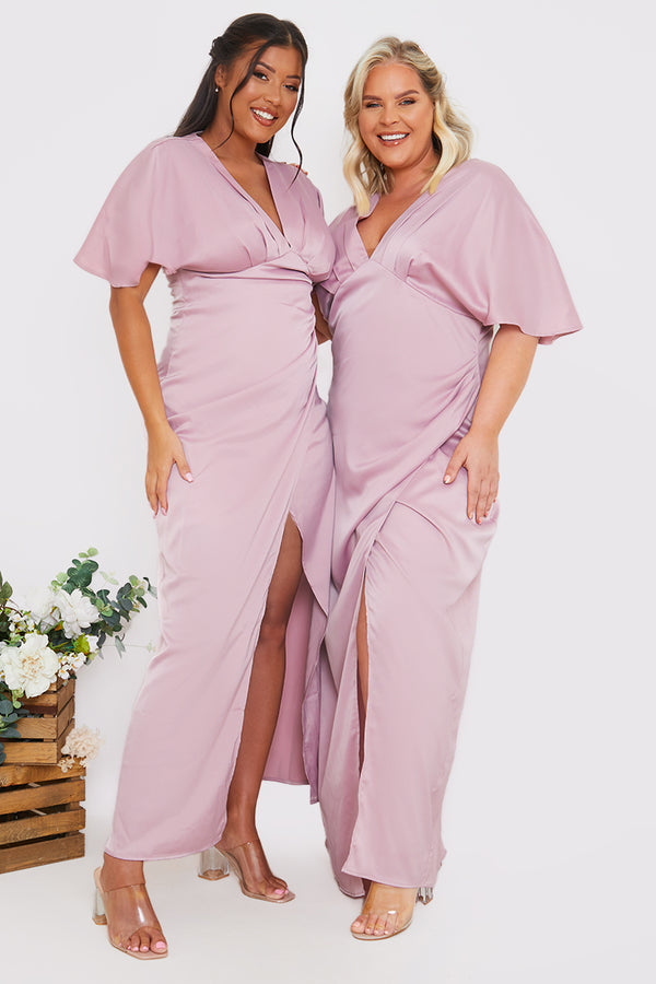 In The Style In The Style Satin Flutter Sleeve Ruched Detail Maxi Dress Blush