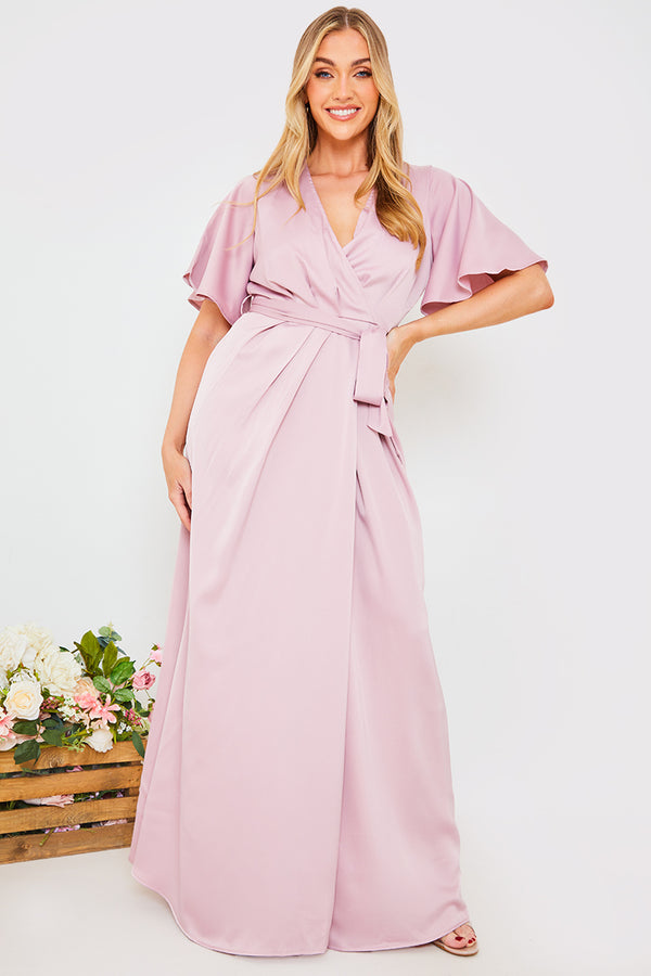 In The Style In The Style Satin Flutter Sleeve Tie Waist Wrap Dress Blush
