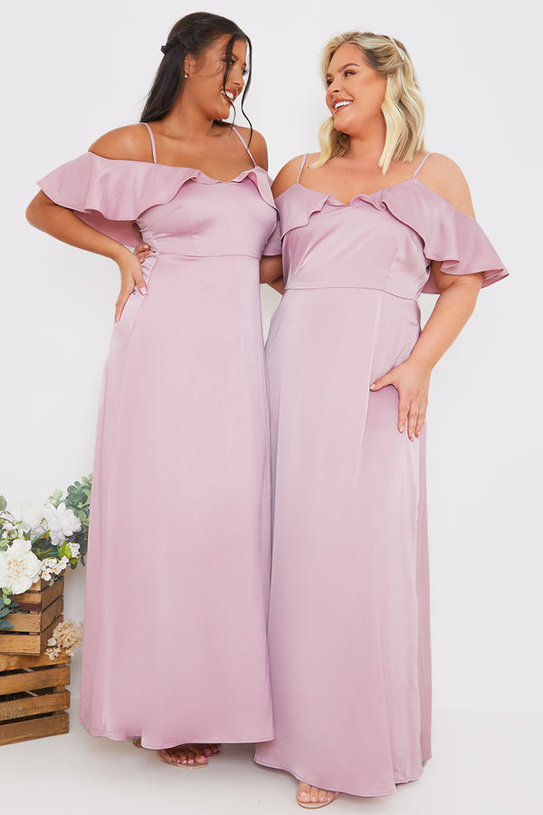 In The Style In The Style Satin Frill Off The Shoulder Maxi Dress Blush