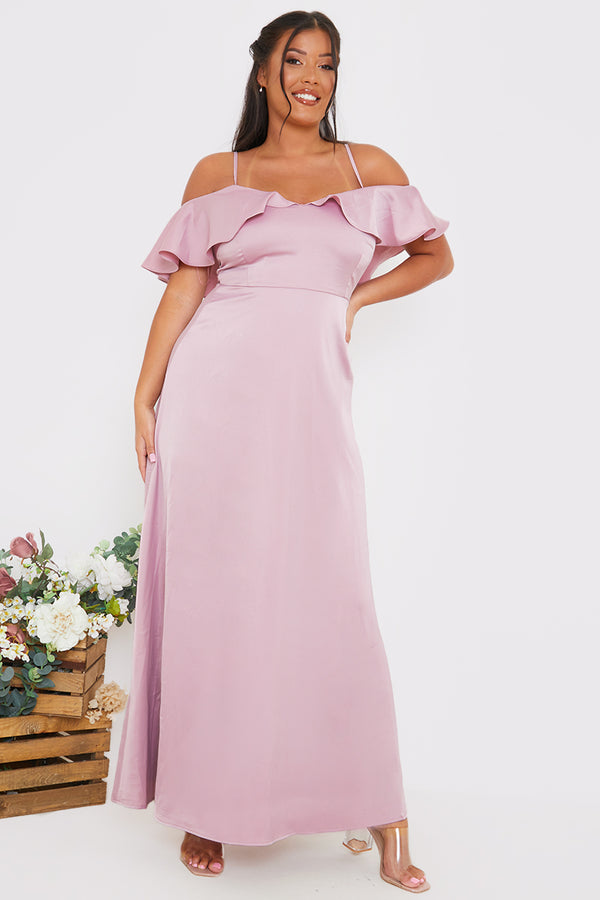 In The Style In The Style Satin Frill Off The Shoulder Maxi Dress Blush