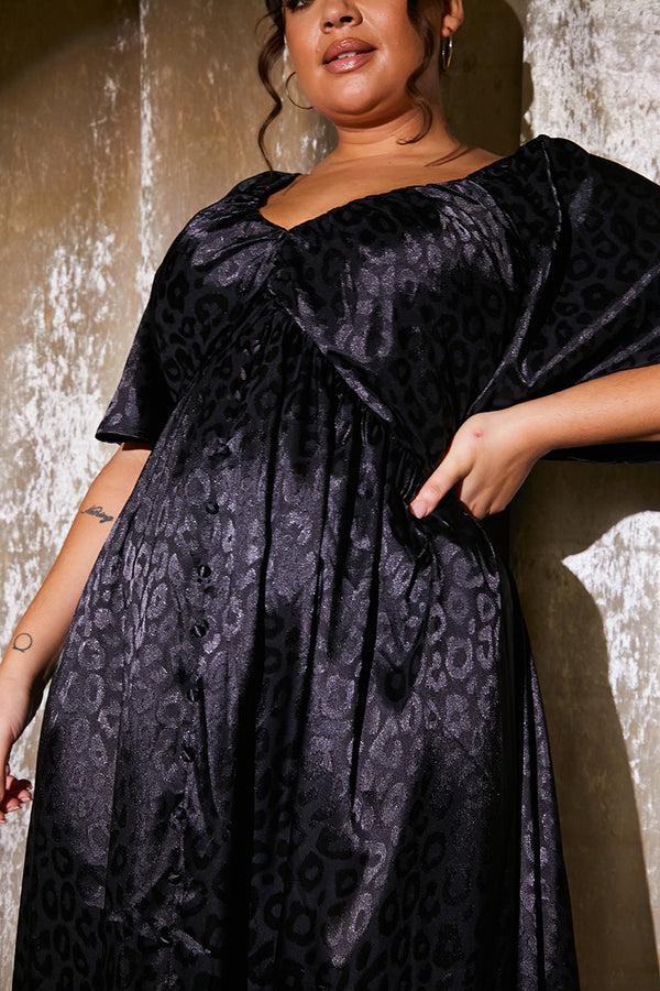 In The Style In The Style Satin Jacquard Flutter Midi Dress Black