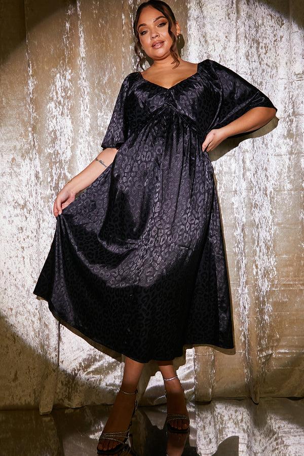 In The Style In The Style Satin Jacquard Flutter Midi Dress Black