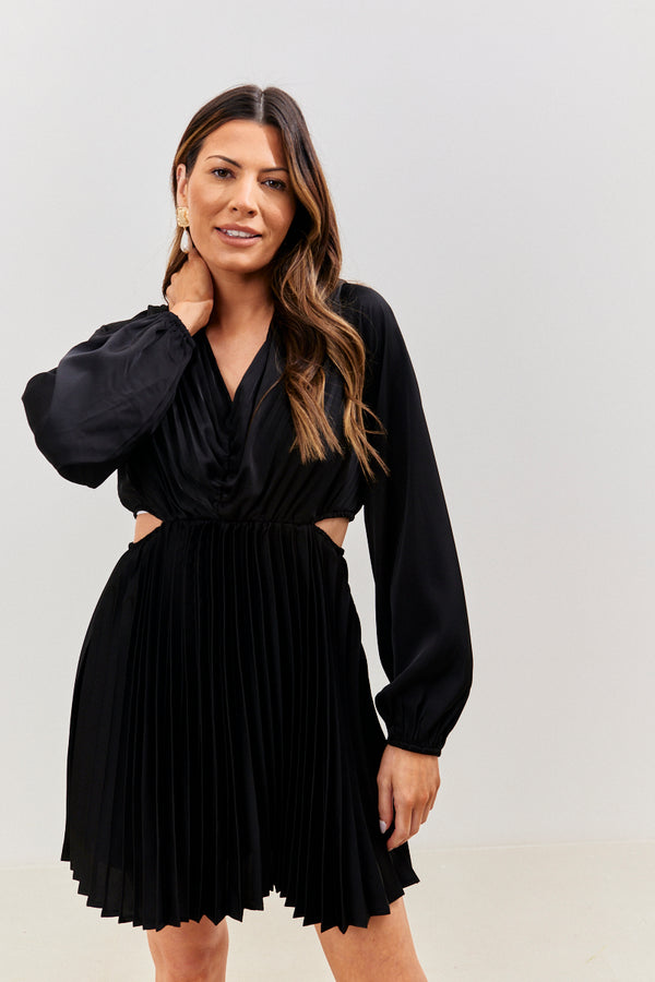 in the style In the Style Satin Pleated Cut Out Detail Mini Dress Black