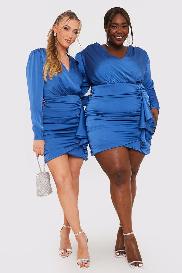 in the style In the Style Satin Ruched Drape Mini Dress Blue