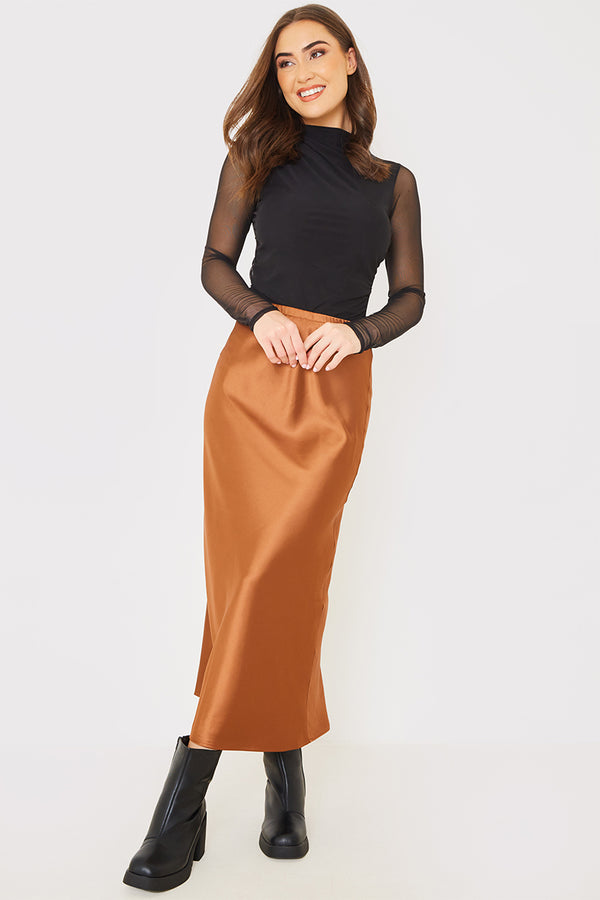 in the style In the Style Satin Slip Midaxi Skirt Chocolate