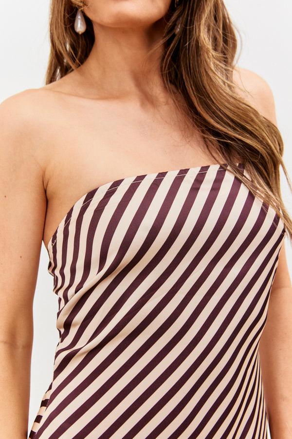 In The Style In The Style Satin Stripe Bandeau Maxi Dress Brown