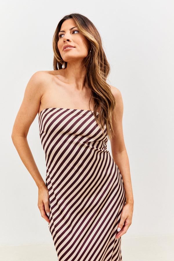 in the style In the Style Satin Stripe Bandeau Maxi Dress Brown