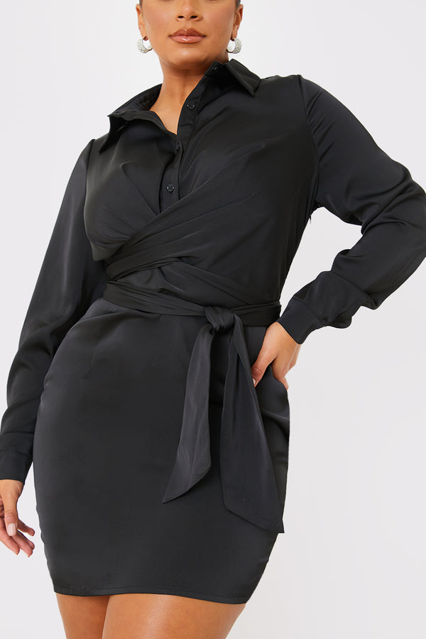 In The Style In The Style Satin Tie Waist Shirt Dress Black