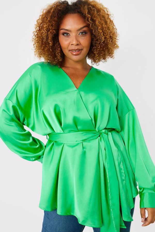 In The Style In The Style Satin Tie Waist Shirt Green