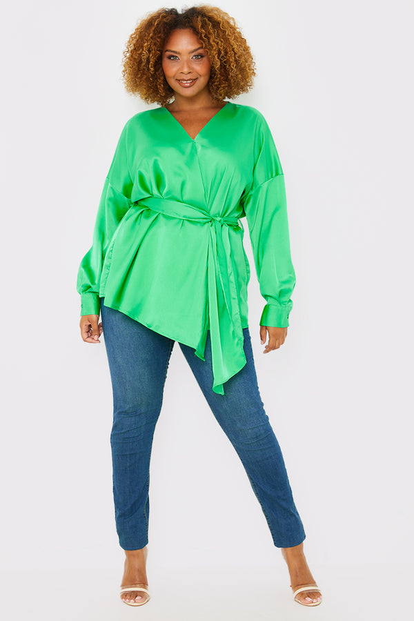 in the style In the Style Satin Tie Waist Shirt Green