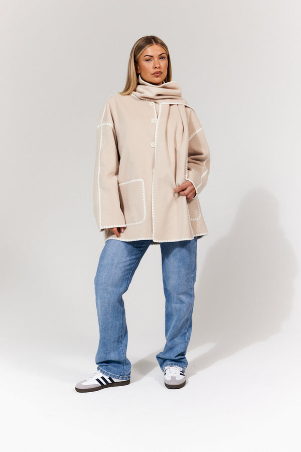 In The Style In The Style Scarf Detail Contrast Stitching Wool Blend Coat Cream