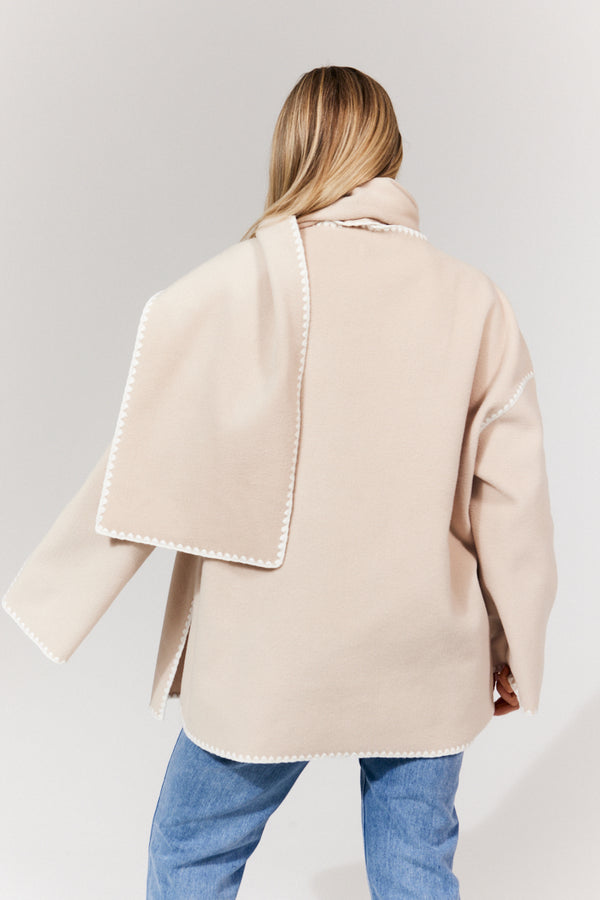 In The Style In The Style Scarf Detail Contrast Stitching Wool Blend Coat Cream