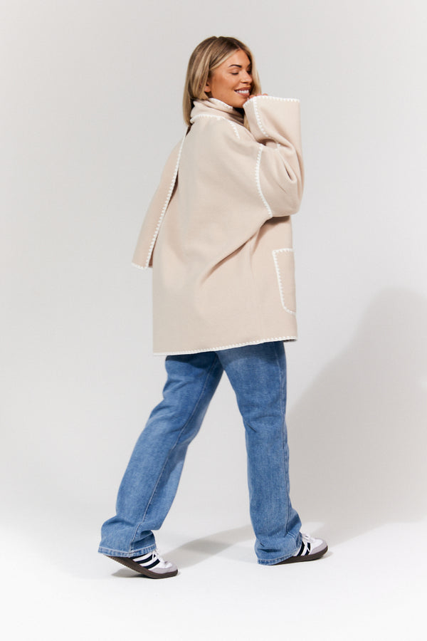 In The Style In The Style Scarf Detail Contrast Stitching Wool Blend Coat Cream