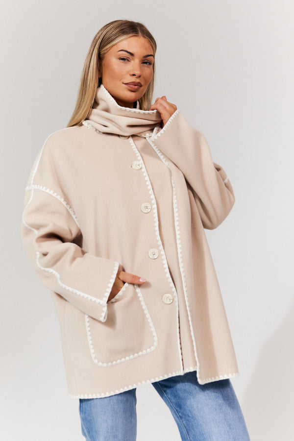 in the style In the Style Scarf Detail Contrast Stitching Wool Blend Coat Cream