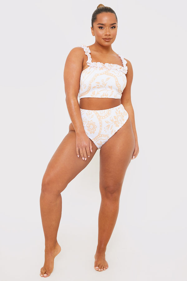 In The Style In The Style Scarf Print Ruffle Bardot Shirred Bikini Top White
