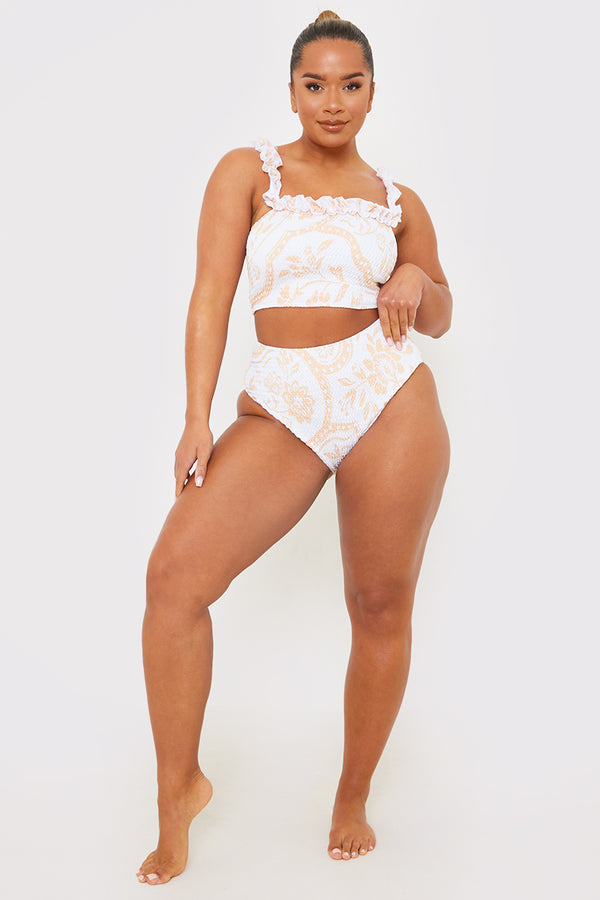 In The Style In The Style Scarf Print Shirred High Waisted Bikini Bottom White