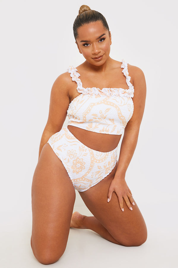 in the style In the Style Scarf Print Shirred High Waisted Bikini Bottom White