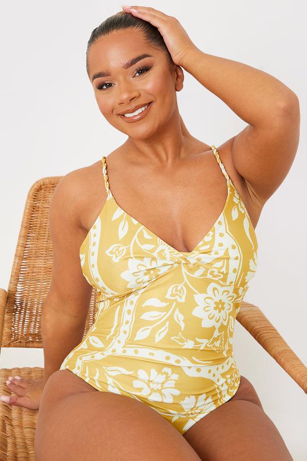in the style In the Style Scarf Print Twist Front Swimsuit Yellow