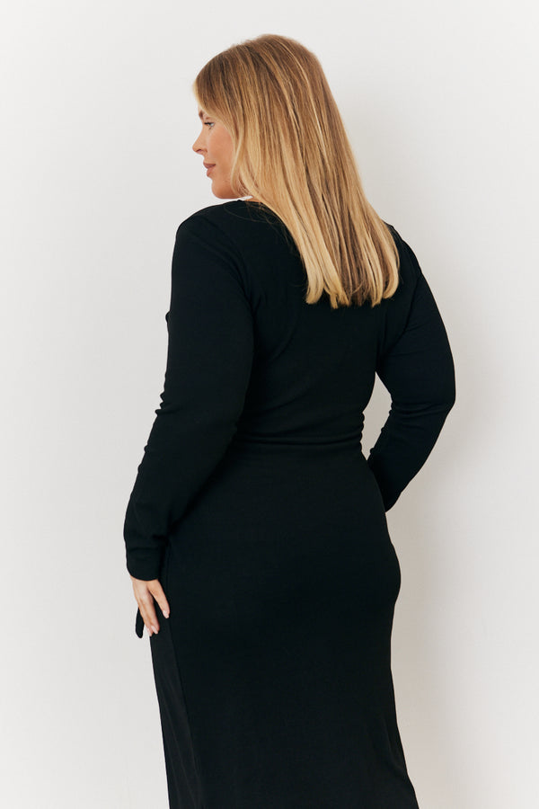 In The Style In The Style Scoop Neck Ribbed Long Sleeve Bodycon Wrap Midi Dress Black