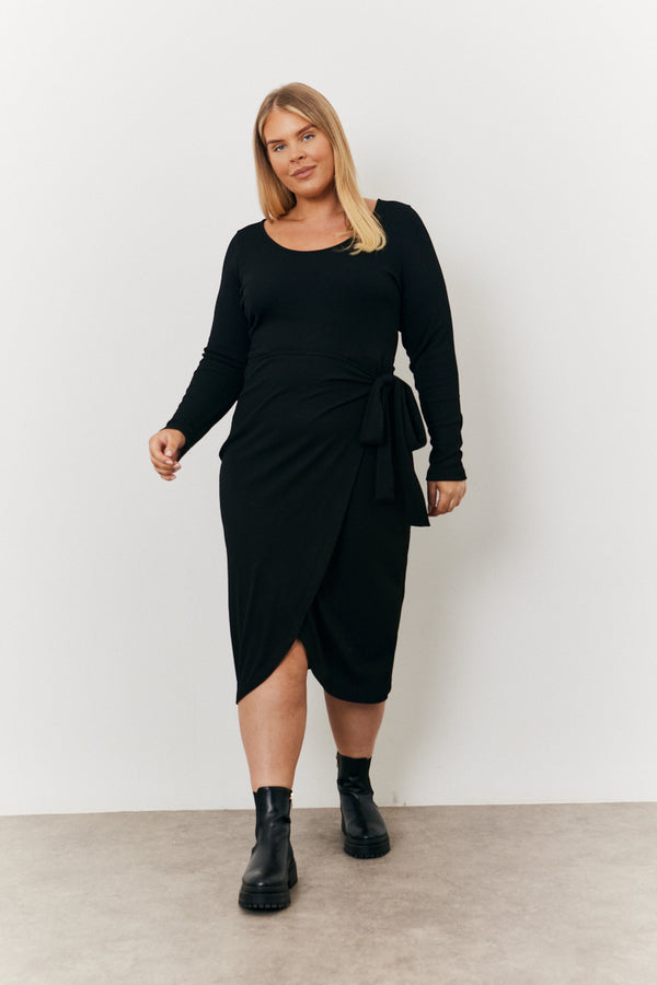 in the style In the Style Scoop Neck Ribbed Long Sleeve Bodycon Wrap Midi Dress Black