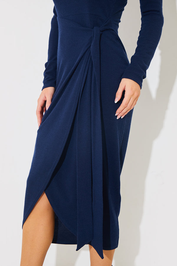 In The Style In The Style Scoop Neck Wrap Front Brushed Rib Midi Dress Blue