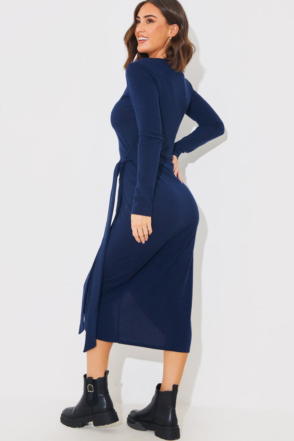 In The Style In The Style Scoop Neck Wrap Front Brushed Rib Midi Dress Blue