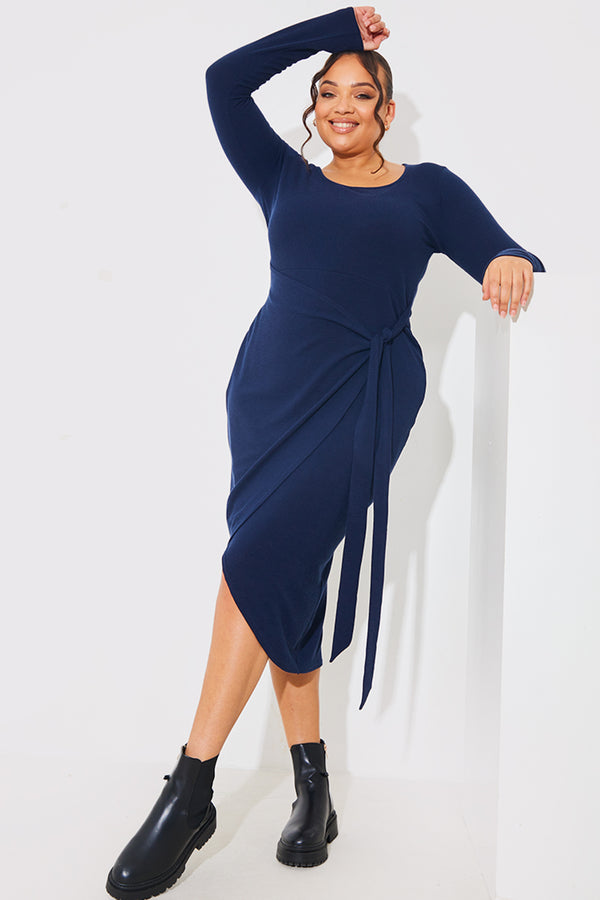 In The Style In The Style Scoop Neck Wrap Front Brushed Rib Midi Dress Blue