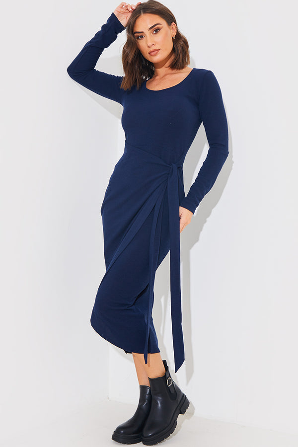 in the style In the Style Scoop Neck Wrap Front Brushed Rib Midi Dress Blue