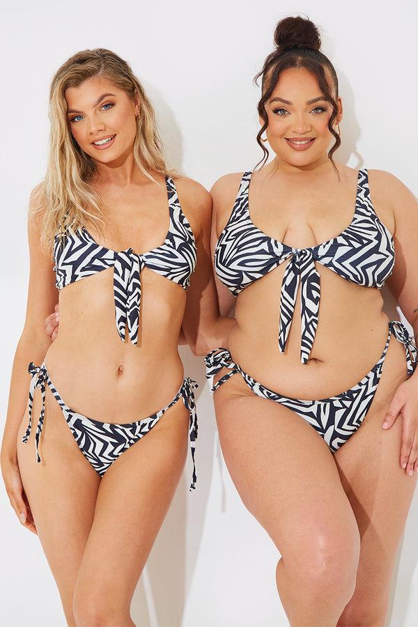 in the style In The Style Sculpt and Control Abstract Print Tie Side Bikini Bottoms Monochrome