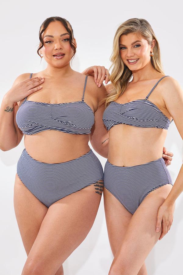 in the style In The Style Sculpt And Control Stripe Waisted Full Coverage Bikini Bottom Blue