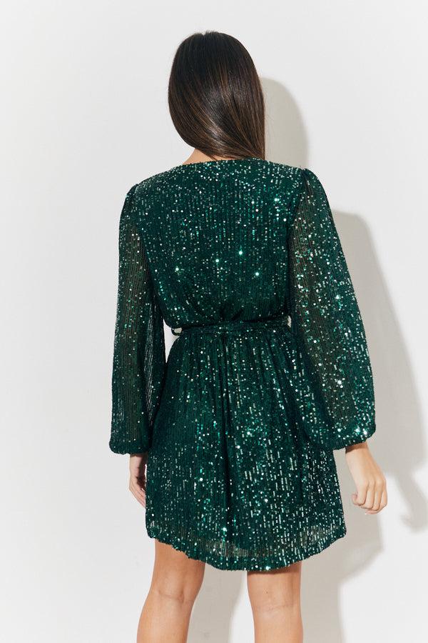 In The Style In The Style Sequin Balloon Sleeve Skater Mini Dress Green