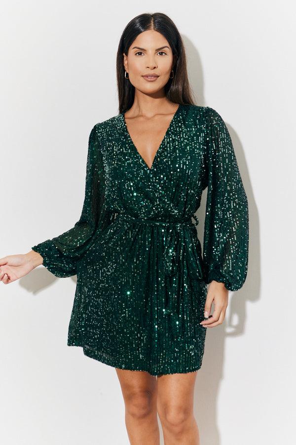 in the style In the Style Sequin Balloon Sleeve Skater Mini Dress Green