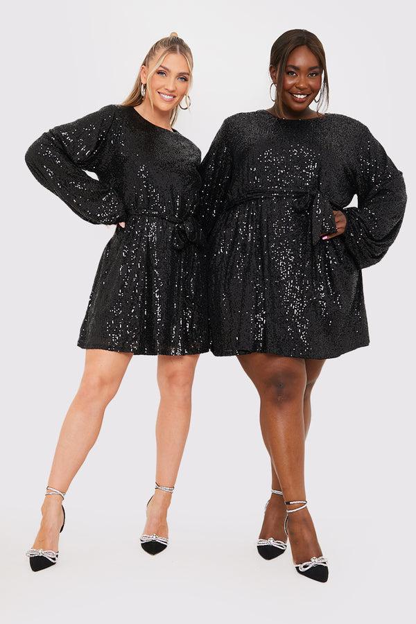 In The Style In The Style Sequin Belted Balloon Sleeve Mini Dress Black