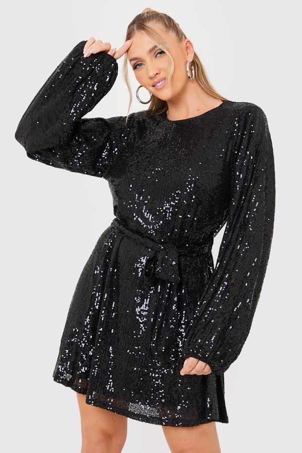 in the style In the Style Sequin Belted Balloon Sleeve Mini Dress Black