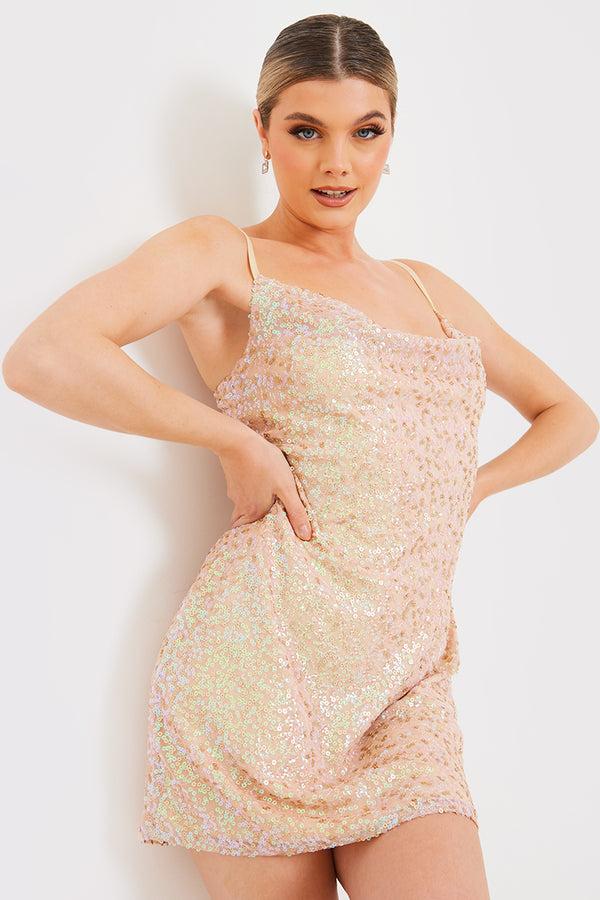 In The Style In The Style Sequin Cowl Neck Mini Slip Dress Nude