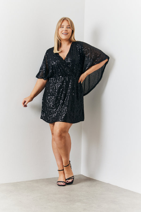 In The Style In The Style Sequin Drape Detail Wrap Front Mini Dress Black