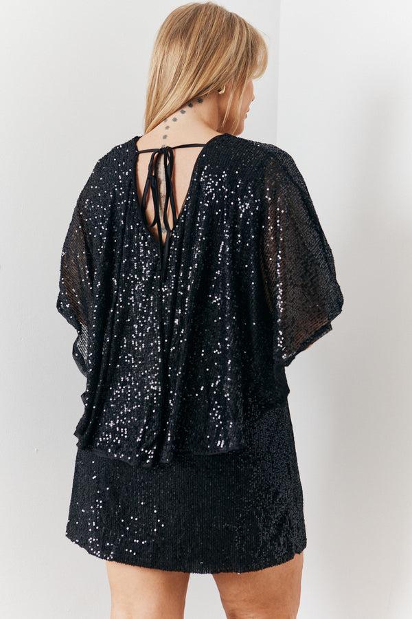 In The Style In The Style Sequin Drape Detail Wrap Front Mini Dress Black