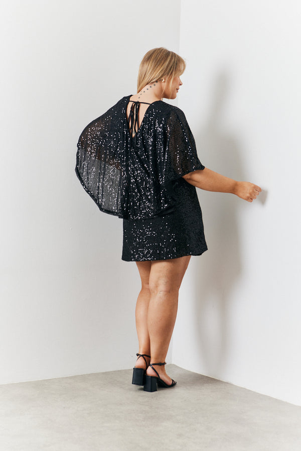 In The Style In The Style Sequin Drape Detail Wrap Front Mini Dress Black