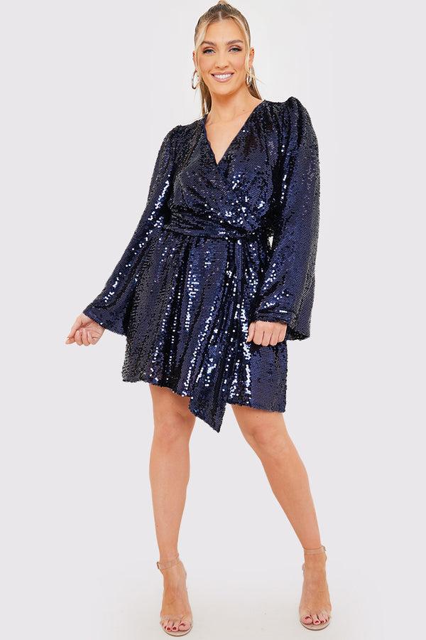 In The Style In The Style Sequin Kimono Sleeve Drape Tie Dress Blue
